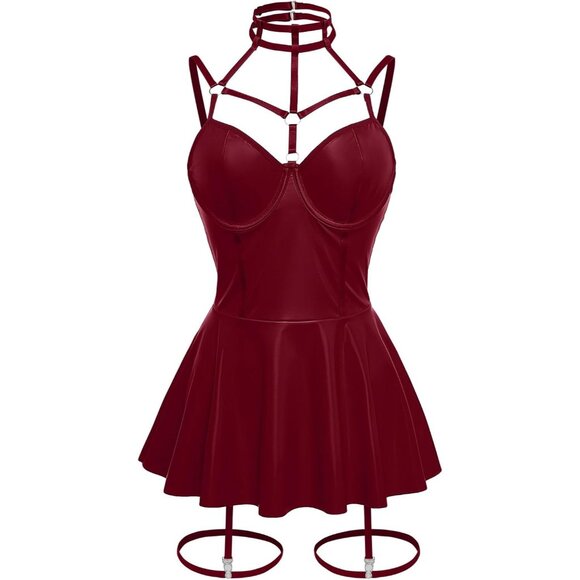 Women Wine Red Strappy Leather Underwire Choker Garter Belt Lingerie Set Dress - Picture 6 of 6